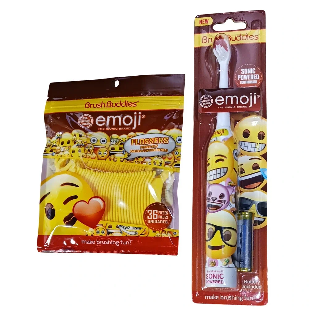 Brush Buddies Emoji Sonic Toothbrush Battery Powered + 36 Flossers Kids Set New